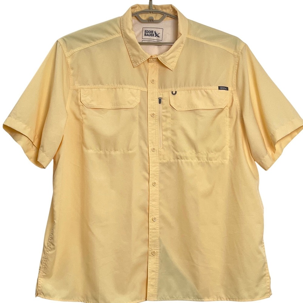 Eddie Bauer Men Tech Shirt XXL Yellow Short Sleeve Ripstop Vented UPF 50 Utility
